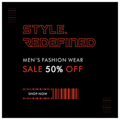 Style Redefined,  Men's Fashion Wear, Sale Offer 50 Percent, Vector Design Template
