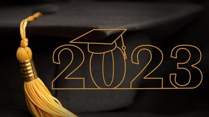 Appearing Text 2023 Continuous One Line Drawing. Graduation cup on black outlinenumbers 2023 on graduation cup photo background.