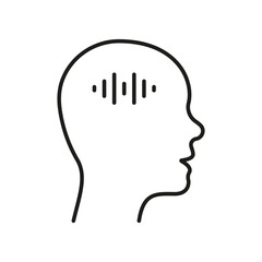 Voice in Human Head Line Icon. Self Talk, Man Thinking Linear Pictogram. Listen To Inner Voice Waves Outline Symbol. Mental Sound, Internal Dialogue. Editable Stroke. Isolated Vector Illustration