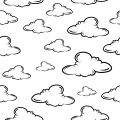 Vector Hand Drawn Style Clouds Seamless Pattern on White Background Clouds collection flat style. Clouds Set in Line Style Cartoon Clouds design elements Vintage Engraving Style illustrations