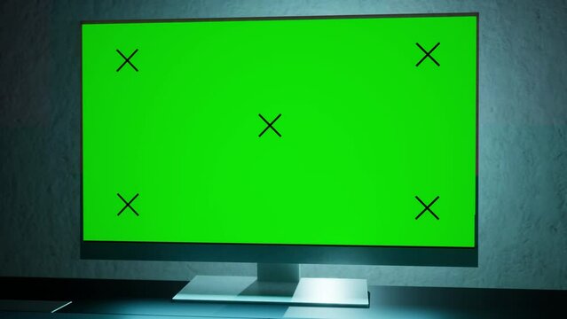 Green screen in computer monitor. Camera move around and change angle a bit. Modern futuristic video background