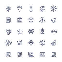 startup line icons set, product launch, project funding and marketing