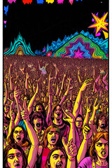 A psychedelic rock concert poster featuring a crowd of people.  (AI-generated fictional illustration)
