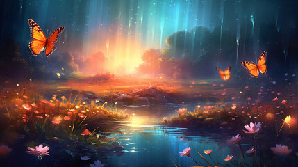 Fototapeta na wymiar Fantasy landscape with sparkles and butterfly