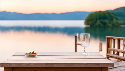 Empty wooden table top with blurred lakeside cafe on a gorgeous Italian lake in the evening. for mounting your product, generative ai - obrazy, fototapety, plakaty
