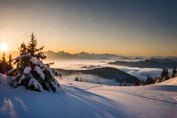 Landscape of winter, snowy forest in the right and left, with clear sky and bright evening sunset mountain background. Generative AI technology.