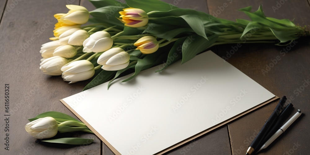 Wall mural empty paper with tulip blooms on a table. generative ai