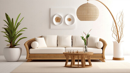 living room with rattan furniture sofa table and lamp