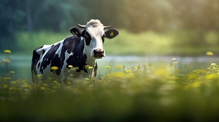 A black - and - white cow grazing peacefully in a green pasture, symbolizing the tranquility of rural life. Generative ai.