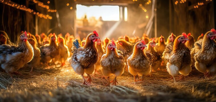 A flock of chickens roaming freely in a rustic chicken coop, representing sustainable farming practices. Generative ai.