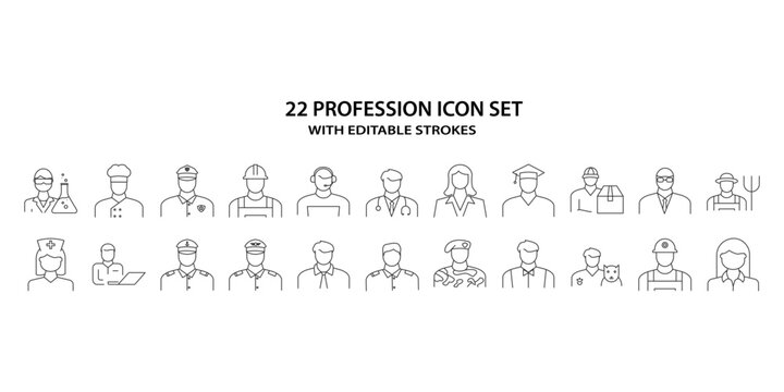 Profession icon set. Line icons about avatar professions. Vector image set of profession line icons. Vector illustration. Editable stroke.
