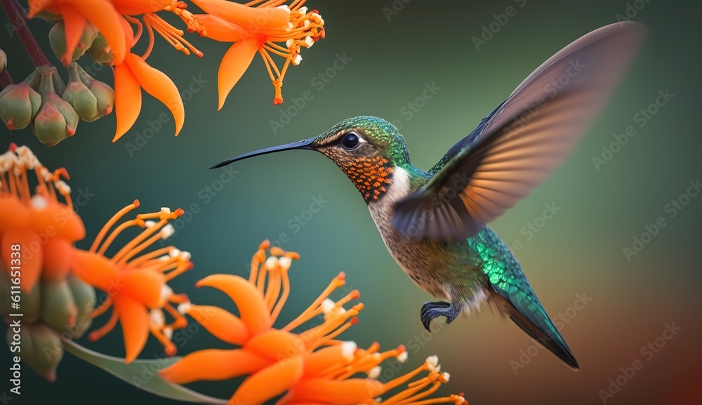 Wall mural daytime image of a green hummingbird hovering above an orange blossom. generative ai