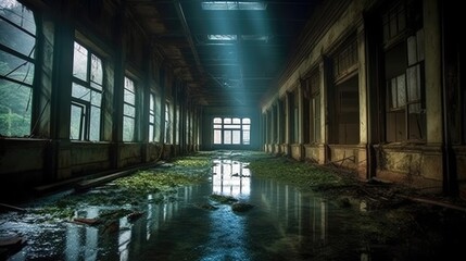 Eerie abandoned hospital, corridors filled with silence. Generative ai.
