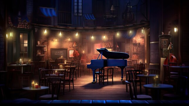 Dimly lit jazz club, its stage patiently waiting for talented musicians. Generative ai.