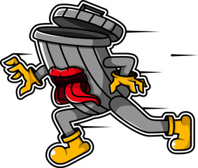 vector illustration of a trash can running. sticking out its tongue. cartoon. mascot style. red, yellow, gray. use for sticker, logo, symbol, print