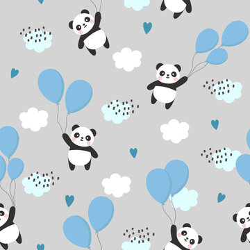 cute panda bear in the sky with bright balloons on a grey neutral seamless background. Kids vector pattern with kawaii animals