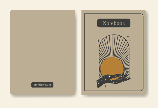 Magic hand holding sun witchcraft template for notebook cover. Vintage mystical style.
