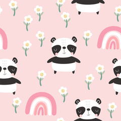 Cute panda bear on a pink seamless pattern background with field flowers and rainbows. Girly fabric and textile vector print