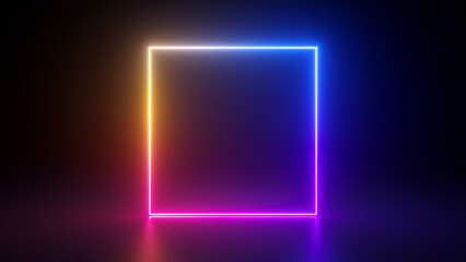3d render, abstract geometric background with neon square frame glowing with gradient light in the dark. Futuristic showcase for product presentation - obrazy, fototapety, plakaty