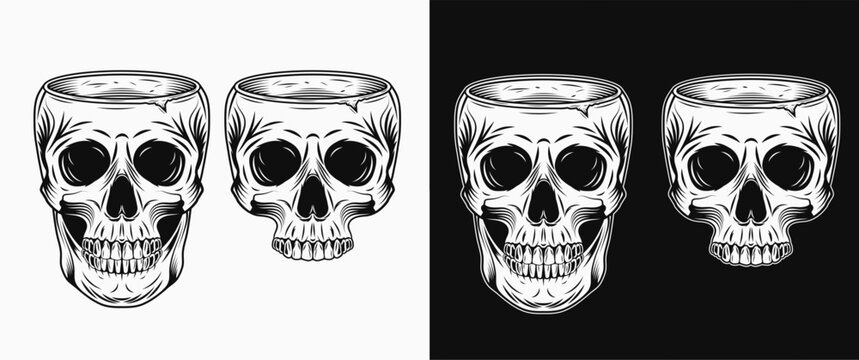 Cut human skull without top like cup, bowl, vase. Whole skull, half skull without jaw. Front view illustration in vintage style.