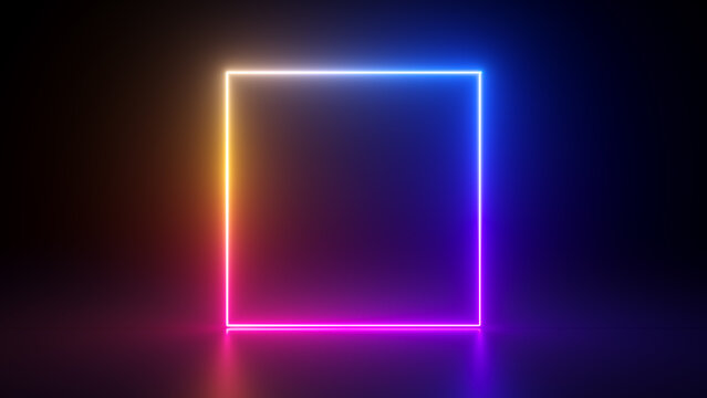 3d render, abstract geometric background with neon square frame glowing with gradient light in the dark. Futuristic showcase for product presentation
