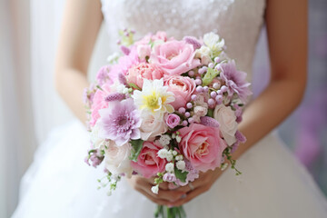 Close up on a bride holding a bouquet of flowers.