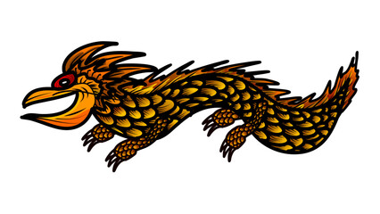 illustration of a cute orange dragon flying in a red sky