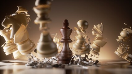 3d illustration, chess game aggressive move, black king chess piece wins. Business planning strategic concept, success metaphor