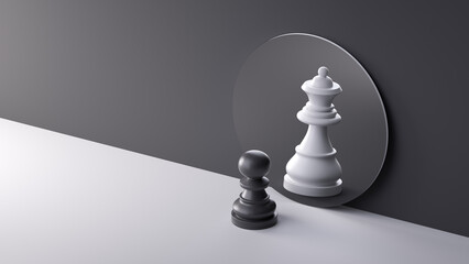 3d render, chess game black pawn piece stands in front of the round mirror with white Queen reflection. Contradiction metaphor. Perceptual distortion concept. Minimalist composition - obrazy, fototapety, plakaty