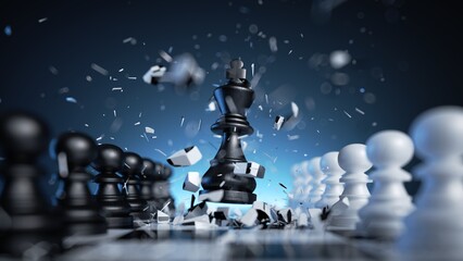 3d illustration, chess game aggressive move, black king chess piece attacks. Business planning strategic concept - obrazy, fototapety, plakaty