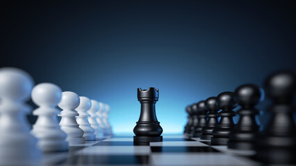 3d rendering, black chess piece rook stands in the middle of the chessboard between two rows of...