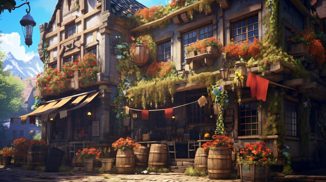 Fantasy in medieval city with flower