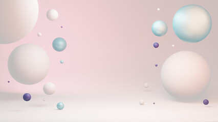 Clean and peaceful background of minimalist perfect 3D spheres and planets with a metallic touch floating in the air