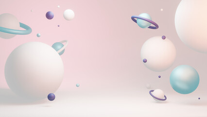 Clean and peaceful background of minimalist perfect 3D spheres and planets with a metallic touch floating in the air