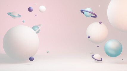 Clean and peaceful background of minimalist perfect 3D spheres and planets with a metallic touch floating in the air