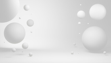 Clean and peaceful background of minimalist perfect 3D spheres and planets with a metallic touch floating in the air