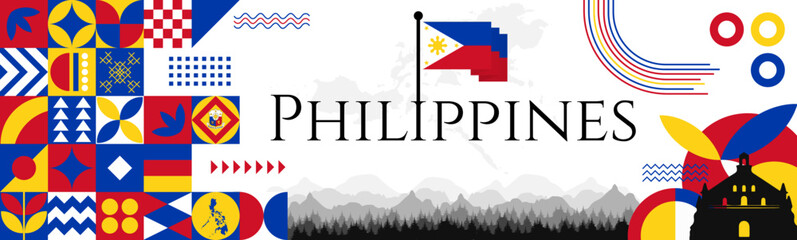The Philippines Independence Day abstract banner design with flag and map. Flag color theme geometric pattern retro modern Illustration design. Blue, red, yellow and white color template.