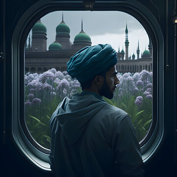 person looking through window, muslim man