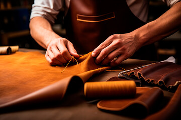 Tailor cobbler hold different rolls natural brown leather, working with textile in workshop