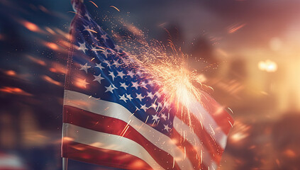 hermoso fondo con las bandera americana entre fuegos artificiales, estilo retro. Ilustracion de Ia generativa - obrazy, fototapety, plakaty