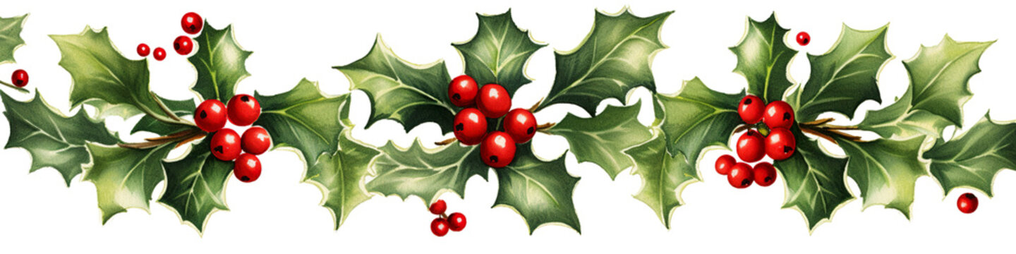 A row of holly leaves with red berries. Generative AI. Decorative clipart element on white background.