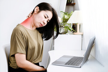 Asian Women Neck and Shoulder pain ,Discomfort  from sitting too long , working on computer