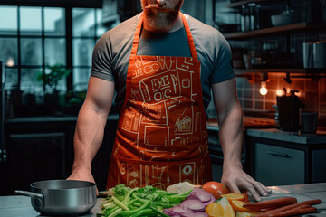 Male chef in apron on kitchen background. Generative AI 