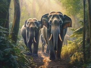 Fototapeta premium Animal. Thai elephants in the forest. Generative Ai.