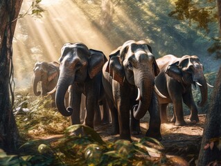 Animal. Thai elephants in the forest. Generative Ai.