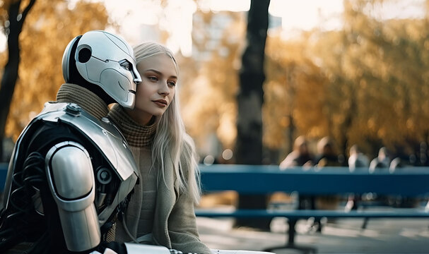 Couple of android or cyborg and young woman hugging sitting on bench in green lush park, concept of love with robot and androids, generative ai image with copy space right.