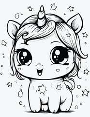 Unicorn coloring page for kids, Cute kawaii unicorn coloring page illustration, cartoon unicorn coloring book.
