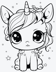 Unicorn coloring page for kids, Cute kawaii unicorn coloring page illustration, cartoon unicorn coloring book.