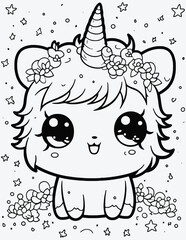 Unicorn coloring page for kids, Cute kawaii unicorn coloring page illustration, cartoon unicorn coloring book.