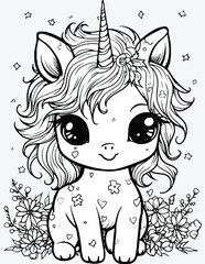 Unicorn coloring page for kids, Cute kawaii unicorn coloring page illustration, cartoon unicorn coloring book.